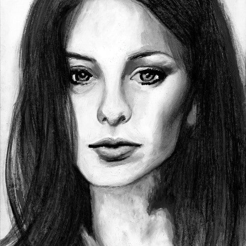 Black and white portrait of a pretty young woman with long dark hair and tearful eyes, drawn in expressive detail to convey emotional realism in portraiture.
