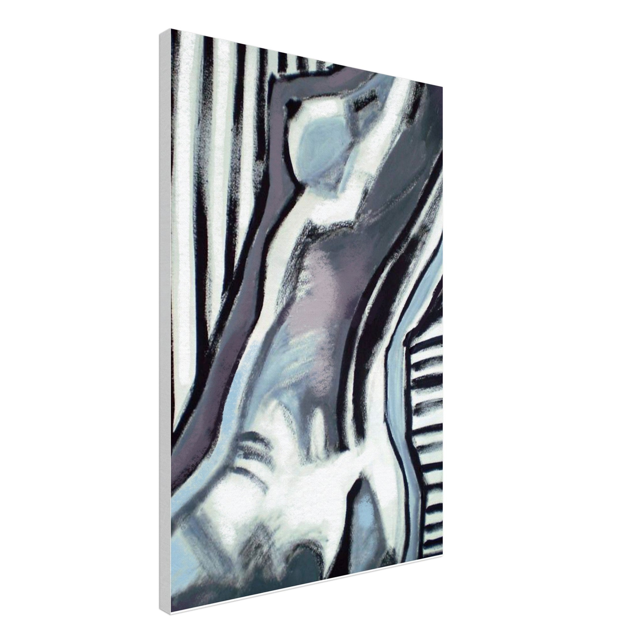 Abstract black and white painting of a human figure with striped background on vertical canvas
