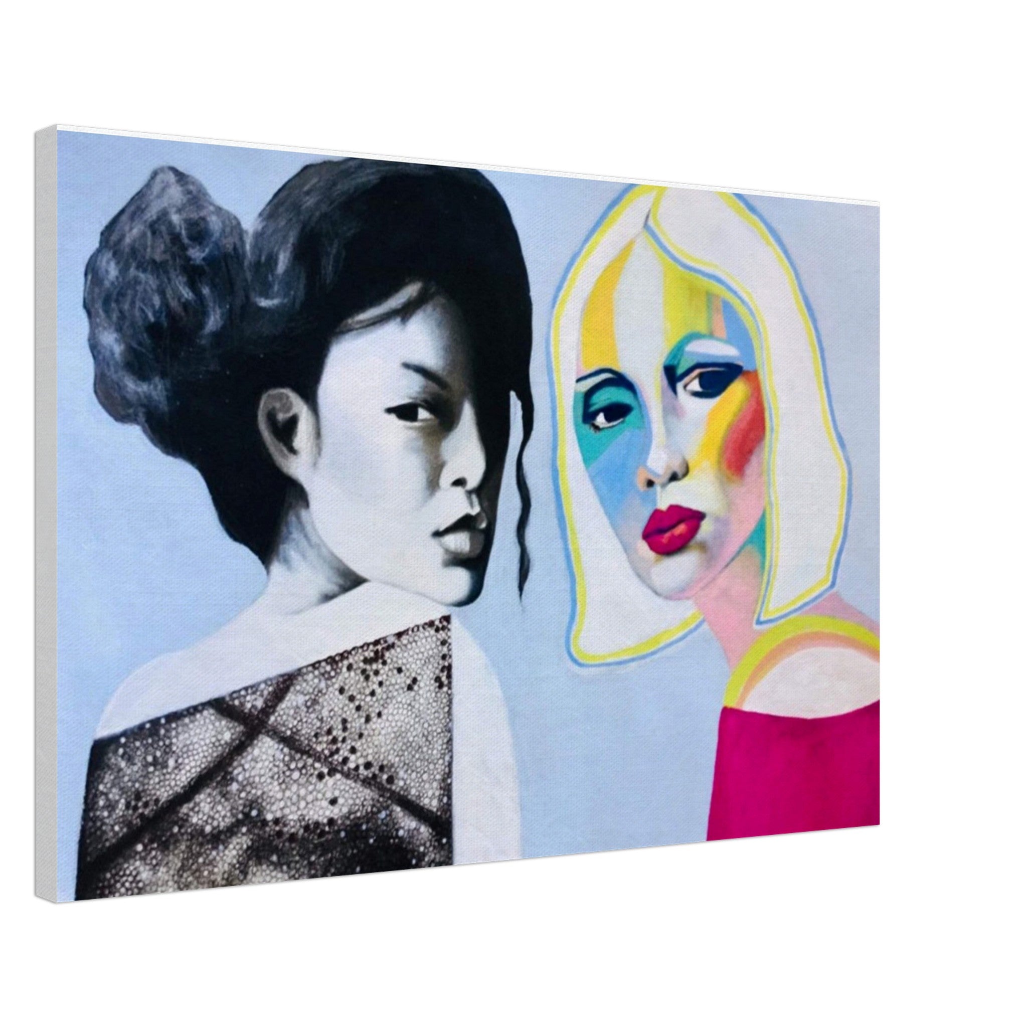 Contemporary art painting of two female portraits, one monochrome with textured dress, one colorful with bright makeup and bob hair