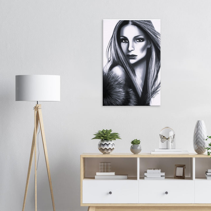 Black and white portrait painting of a woman with long hair and fur coat on a white wall above a wooden sideboard