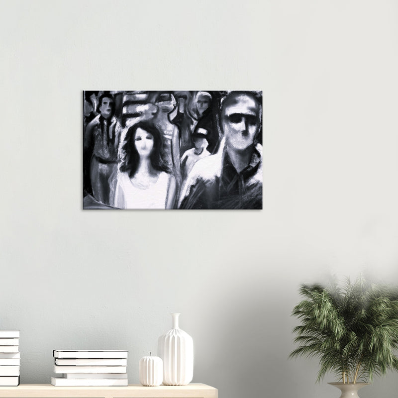 Black and white abstract painting of faceless people in a crowd on a wall