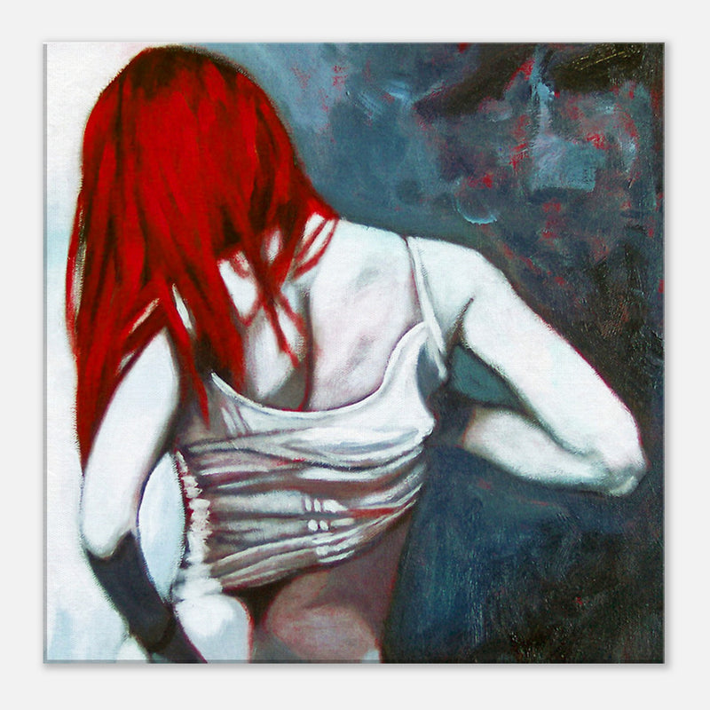 Acrylic painting Mia by Lee Wilde showing a red-haired woman from behind adjusting her white tank top, with expressive brushstrokes and dramatic contrast.