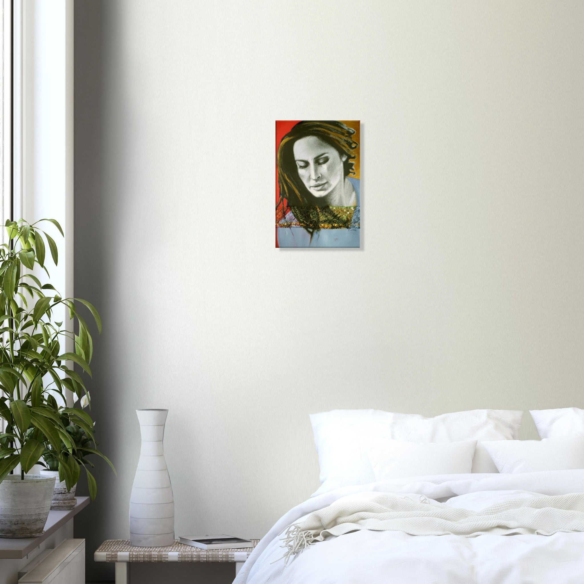 Modern bedroom with white bed, plant, and colorful abstract portrait painting on beige wall