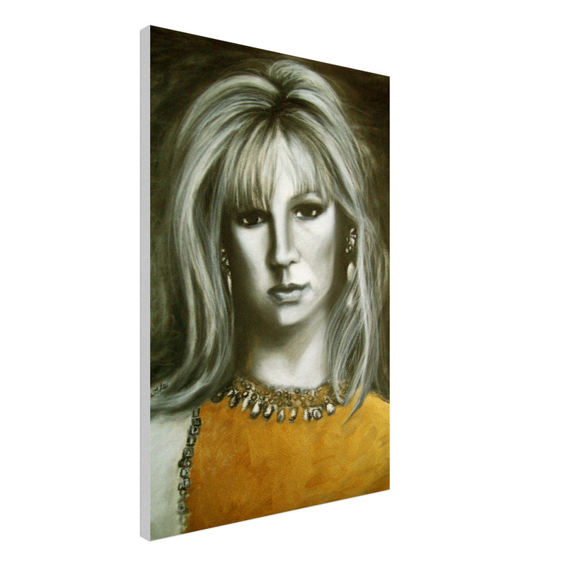 Black and white portrait of a woman with long hair, wearing an orange top and necklace painting