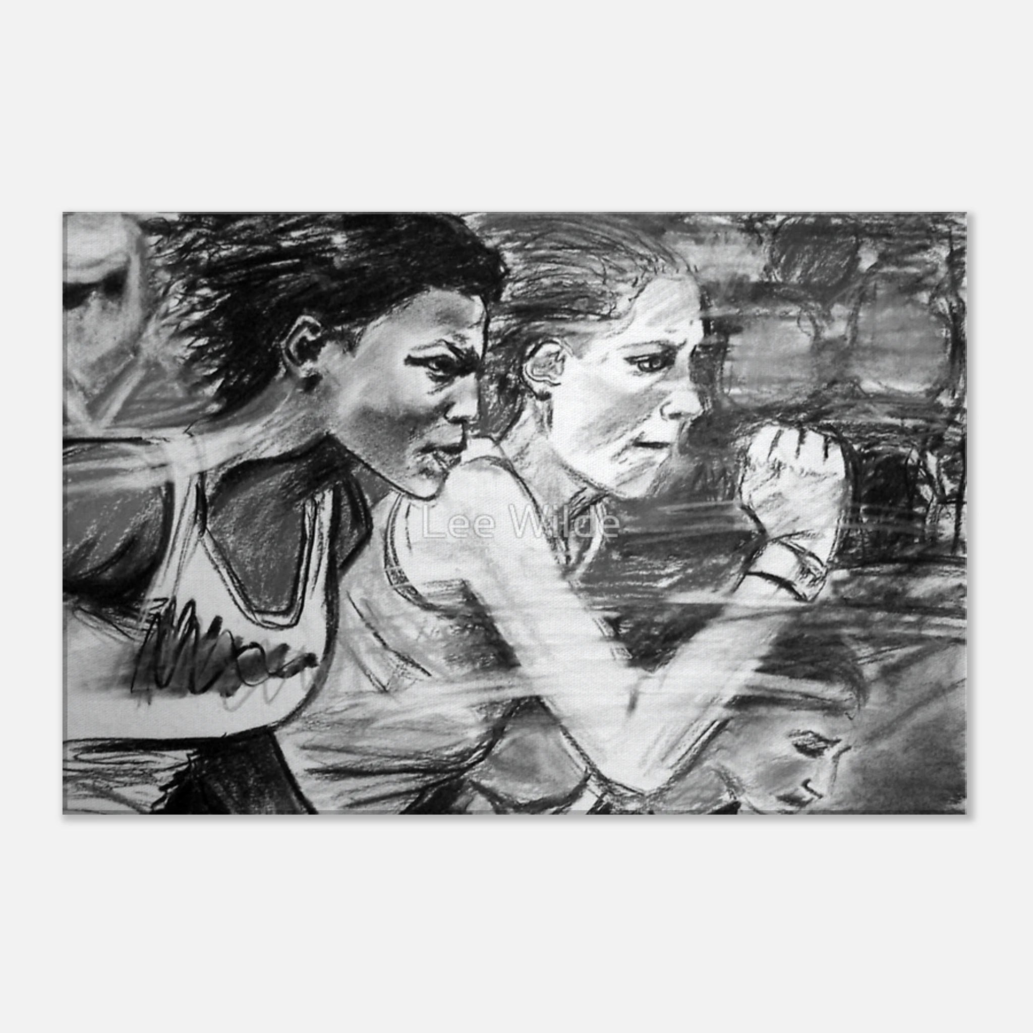 Charcoal drawing of three focused runners sprinting in a race with intense expressions