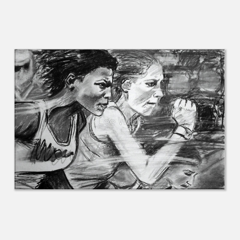 Charcoal drawing of three focused runners sprinting in a race with intense expressions