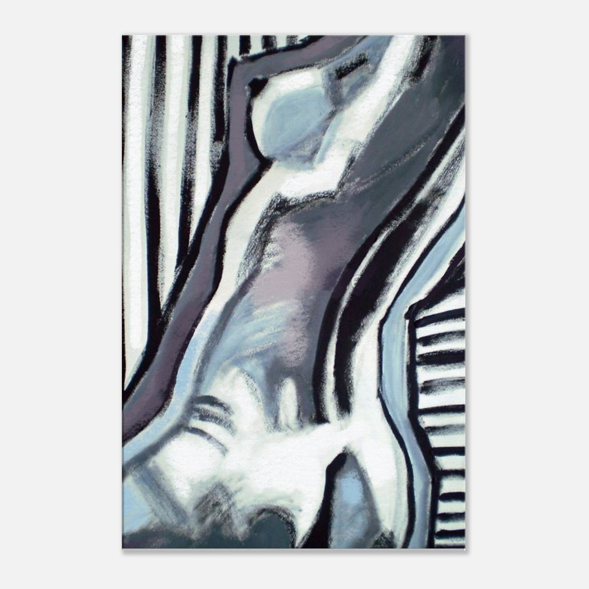 Abstract art with curved shapes and monochrome blue, black, and white tones, featuring striped patterns