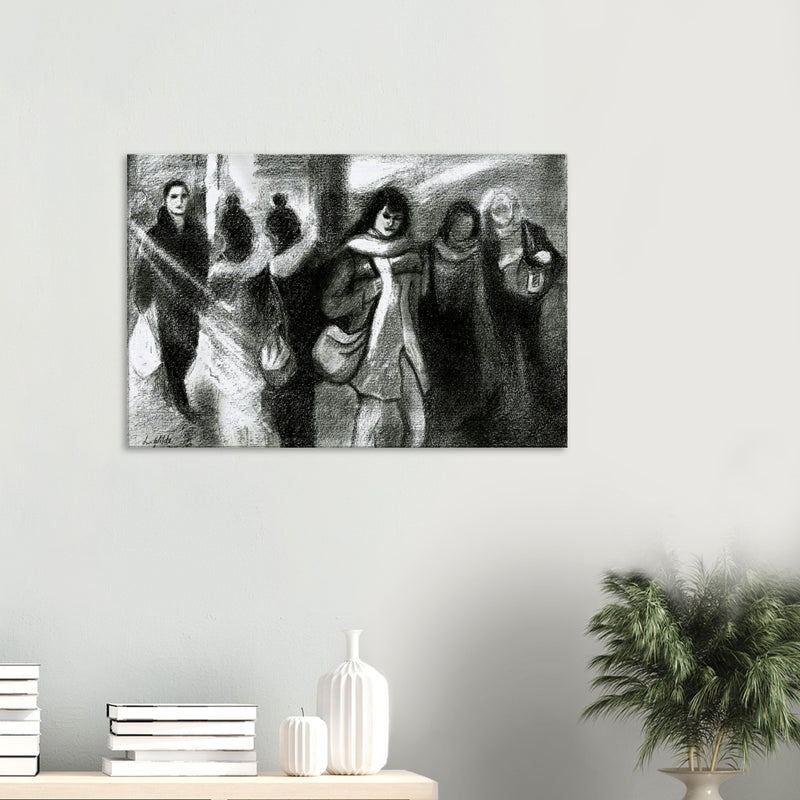 Black and white charcoal drawing of people walking, featuring women in coats and scarves carrying bags
