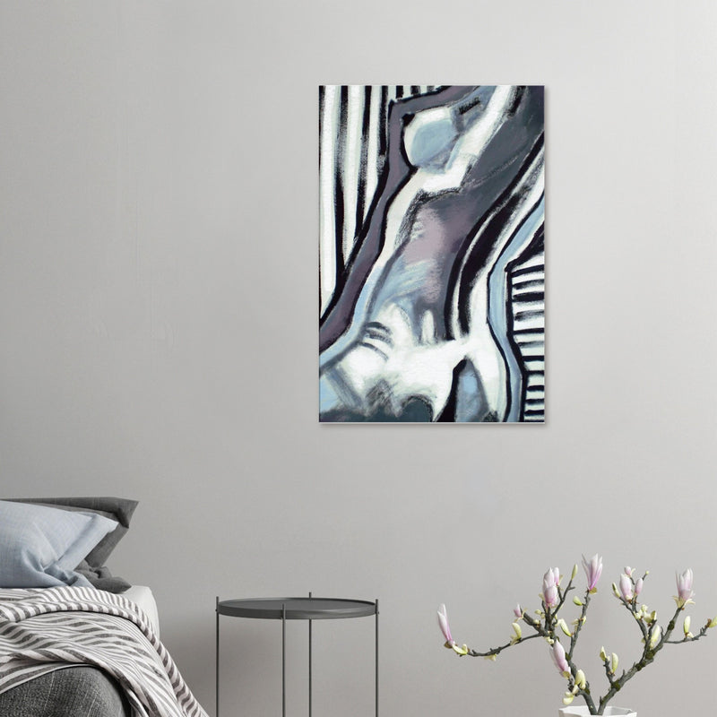 Abstract painting of a nude female figure in blue and gray tones with black and white stripes, hung on a bedroom wall