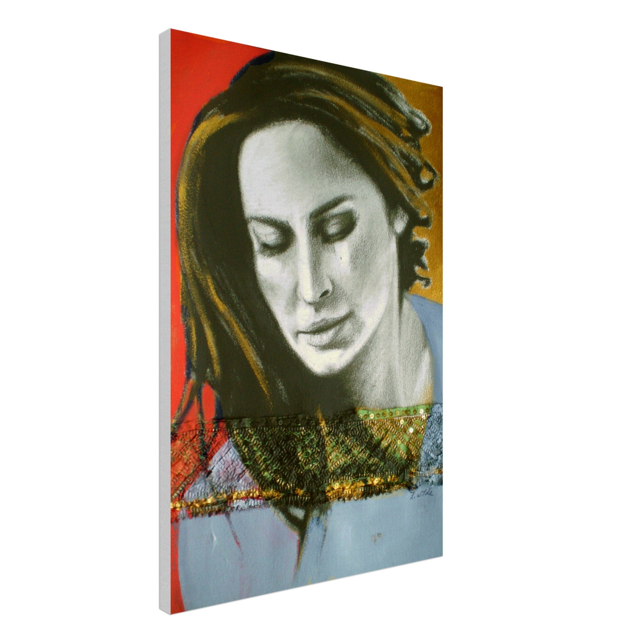 Portrait of a woman with closed eyes, long hair, and artistic embroidered attire on canvas