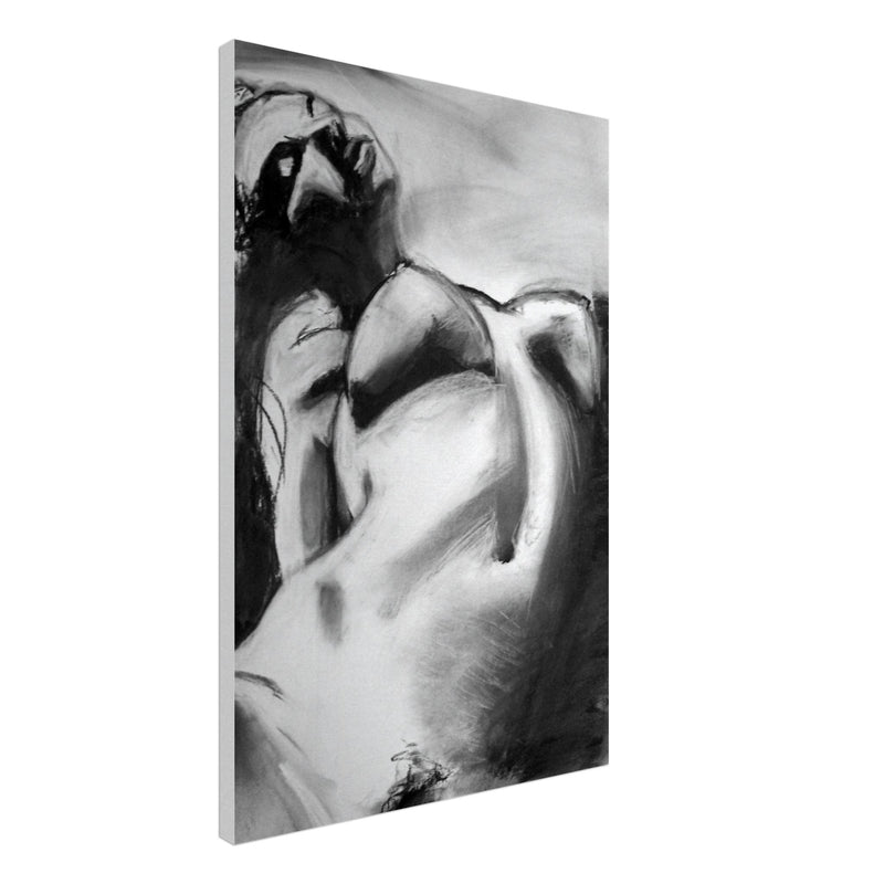 Black and white abstract charcoal drawing of a reclining female nude figure on canvas