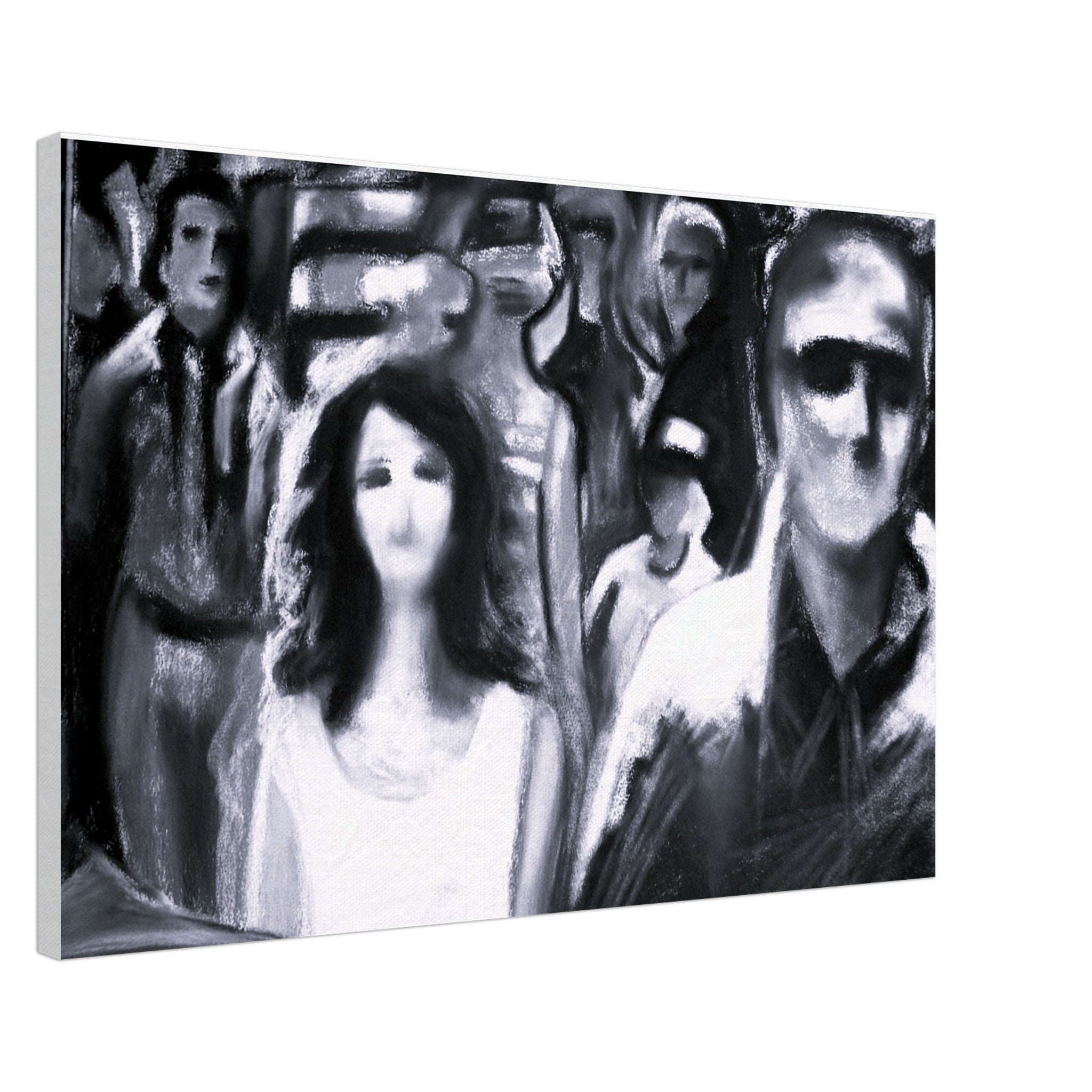 Black and white abstract painting of blurred human figures in a crowd, with focus on woman and man in front