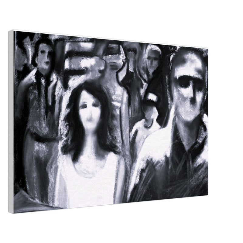 Black and white abstract painting of blurred human figures in a crowd, with focus on woman and man in front