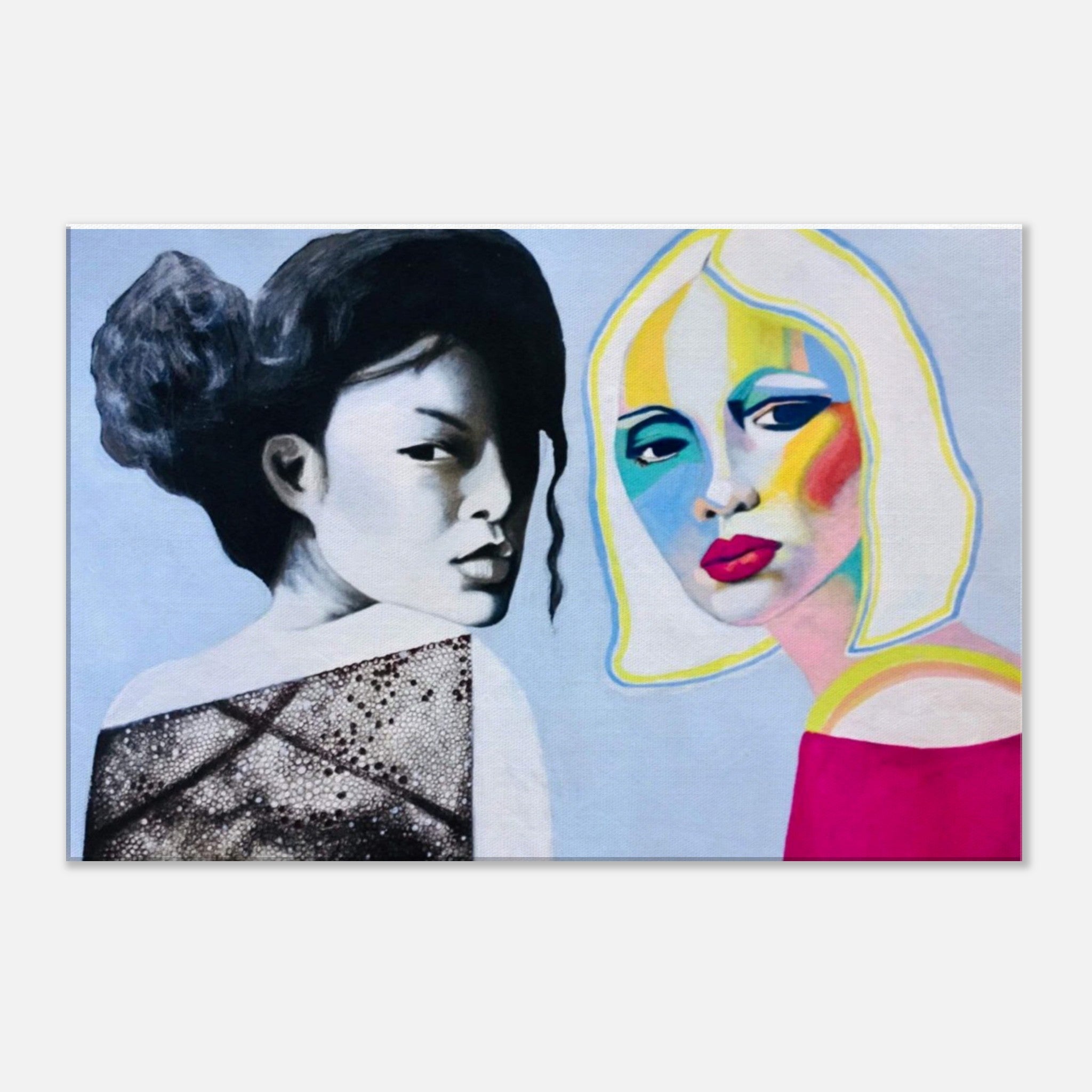 Portrait painting of two women, one monochrome with dark hair, the other colorful with short blonde hair and bold makeup