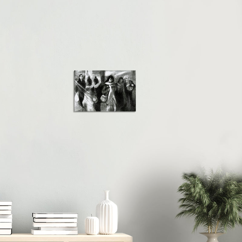 Black and white charcoal artwork of people walking in a crowd, displayed on a white wall above a minimalist wooden shelf