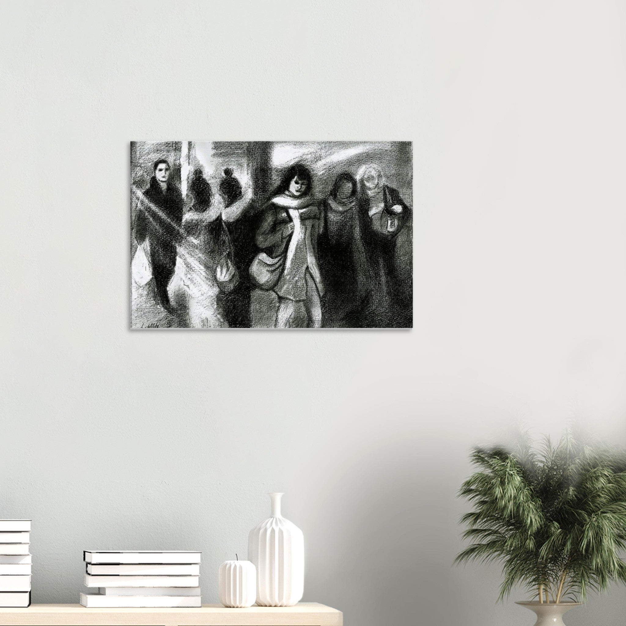 Black and white charcoal drawing of six people walking, featuring a woman in a coat and crossbody bag