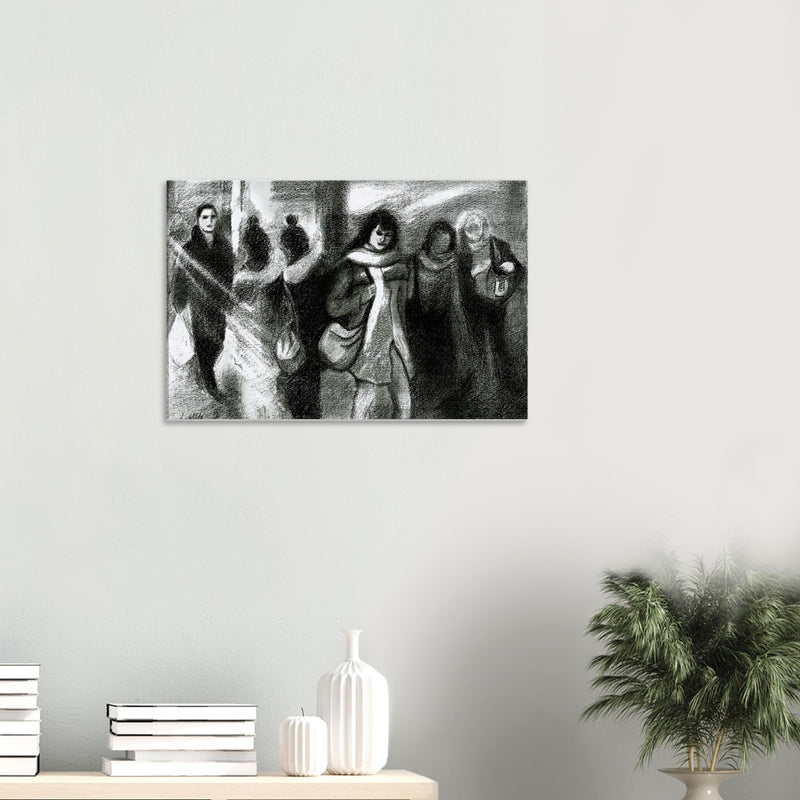 Black and white charcoal drawing of six people walking, featuring a woman in a coat and crossbody bag