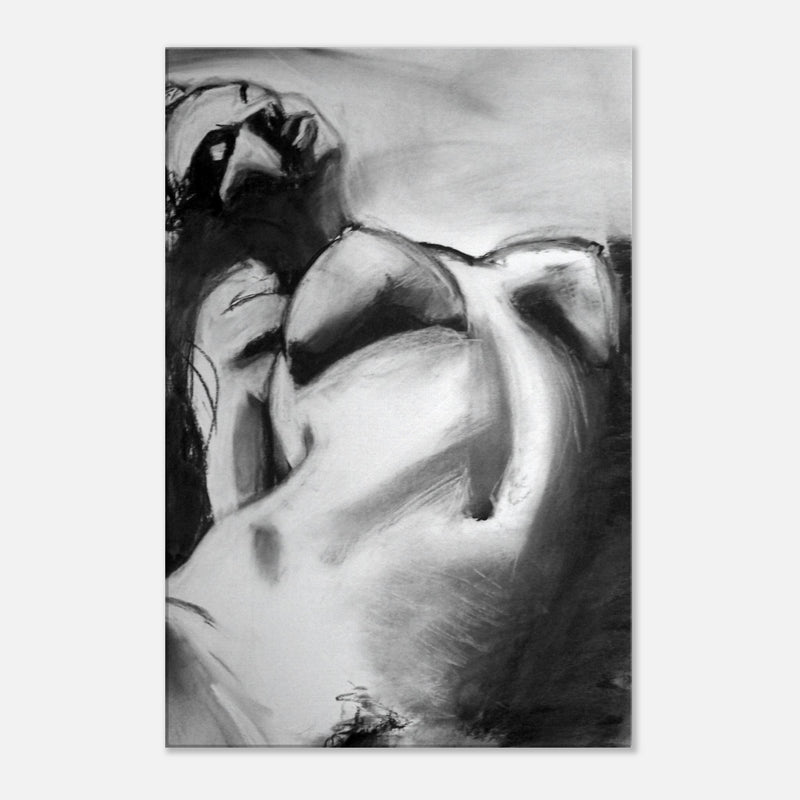 Black and white charcoal drawing of a reclining nude woman with bold shadows and highlights