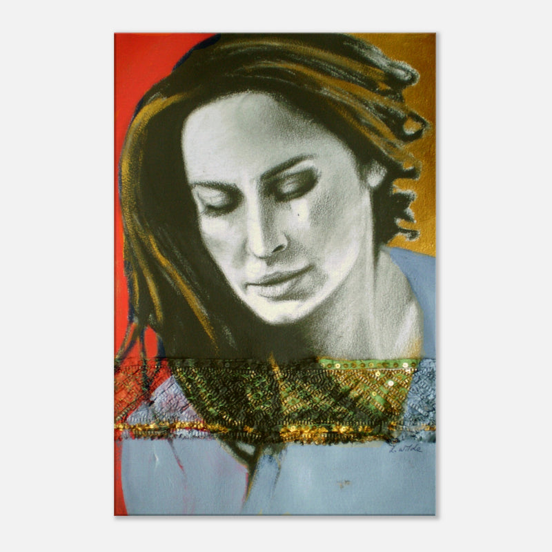 Portrait of a woman with closed eyes, dark hair, and intricate colorful patterns on red and blue background