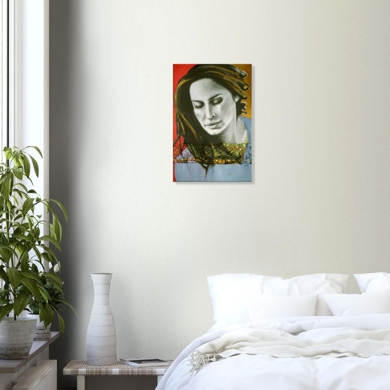 Modern bedroom with white bed, plant, and colorful abstract portrait painting on beige wall