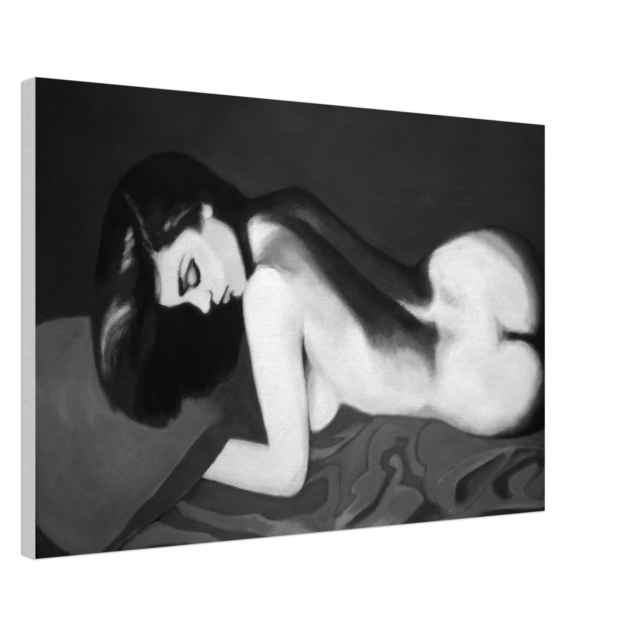 Black and white painting of a nude woman with long hair lying face down on a textured surface