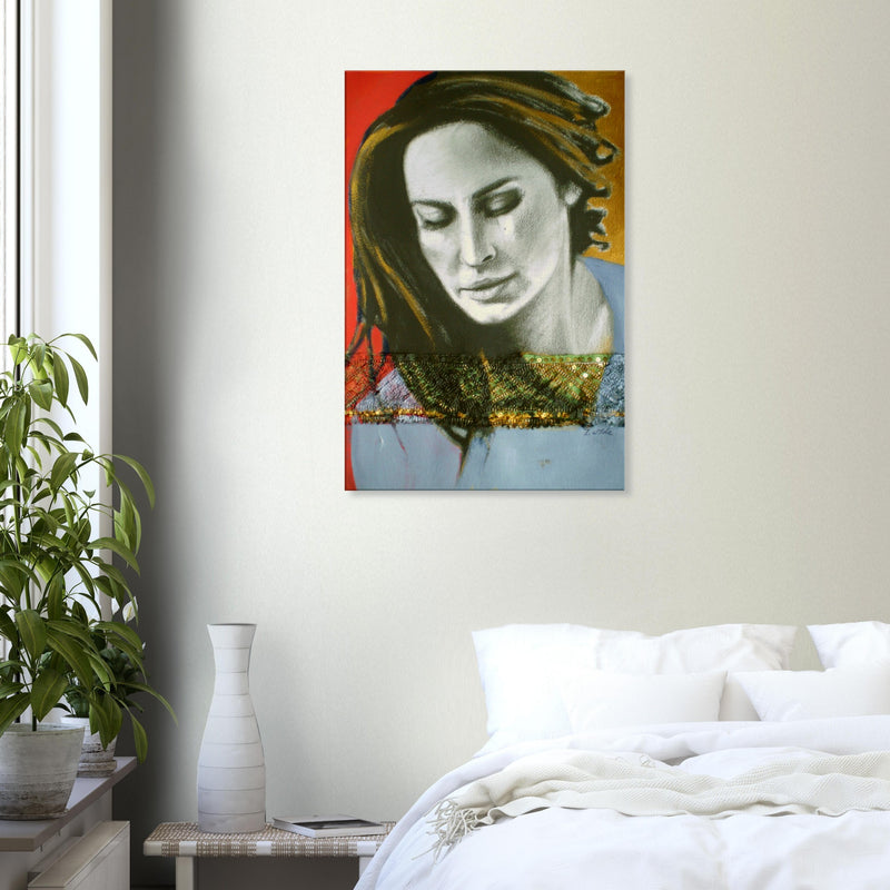 Contemporary bedroom with white bed, green plant, and colorful abstract portrait painting on wall