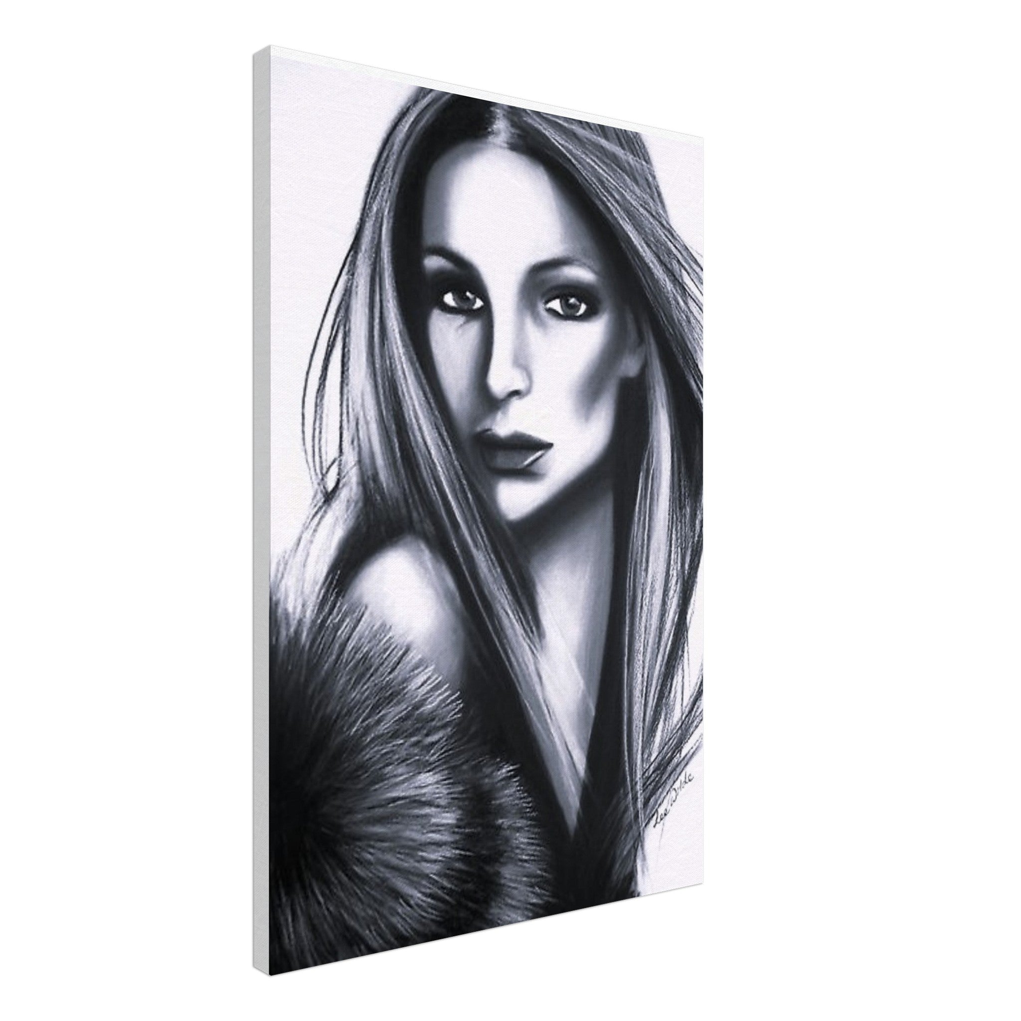 Black and white portrait painting of a woman with long hair wearing a fur garment
