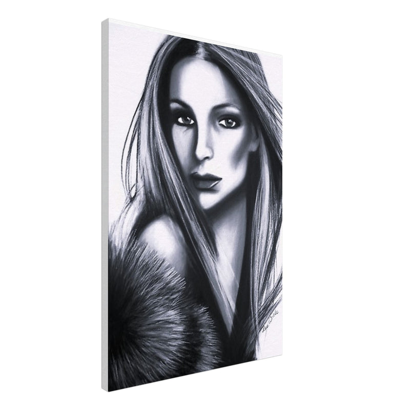Black and white portrait painting of a woman with long hair wearing a fur garment
