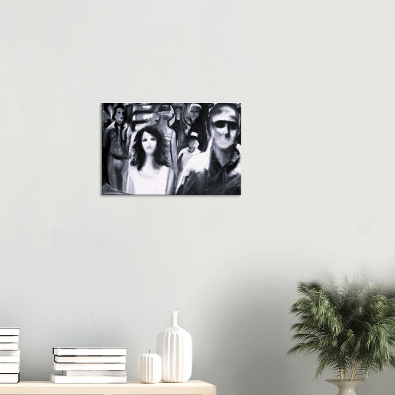 Black and white abstract painting of crowd with blurred faces on living room wall