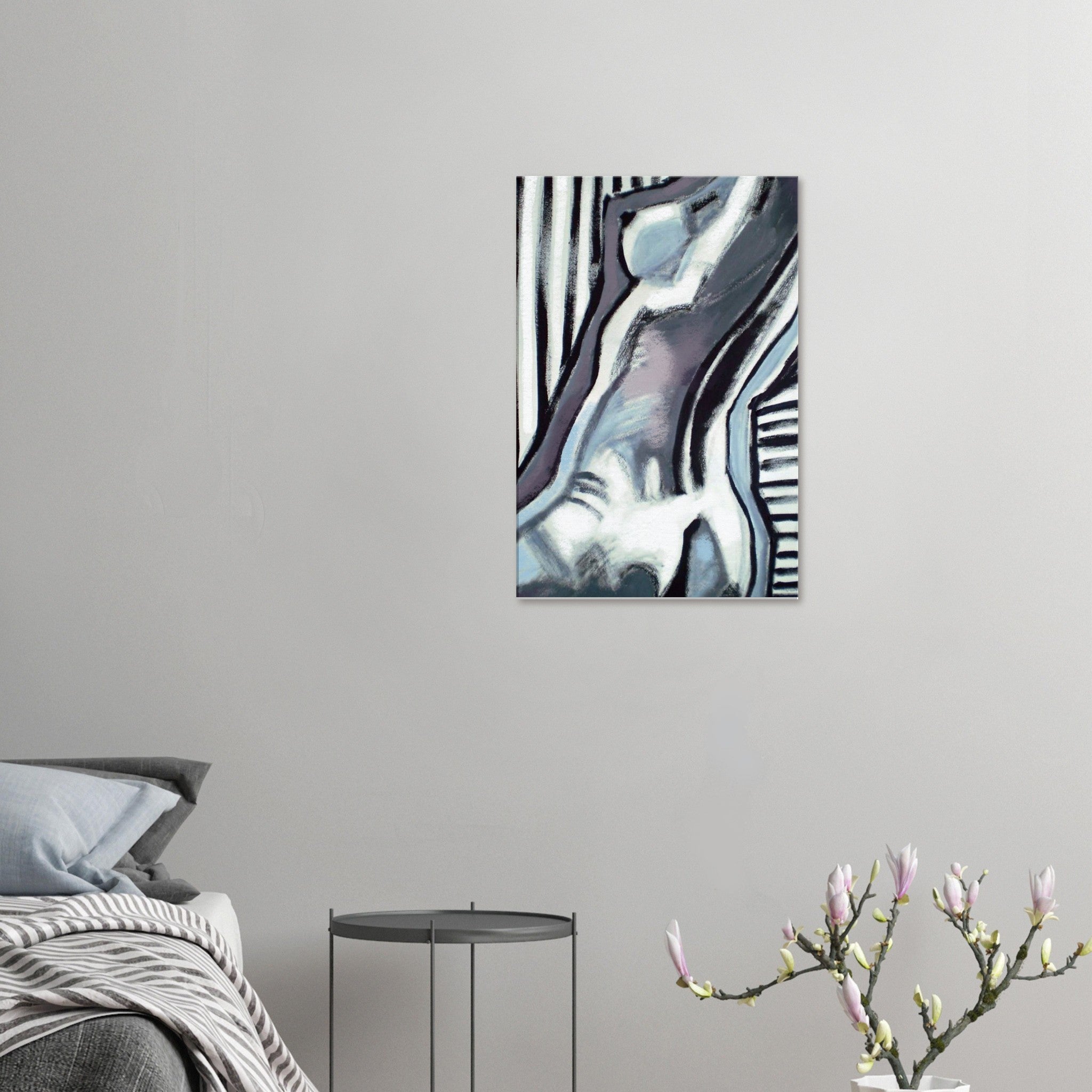 Abstract monochrome painting of human form with stripes displayed on grey bedroom wall