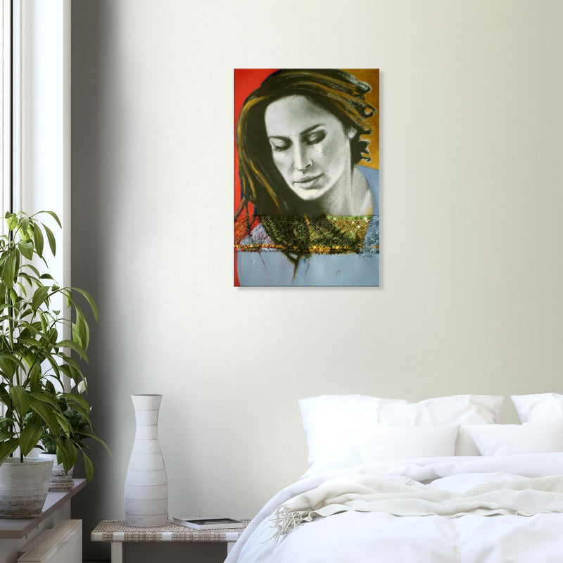 Modern bedroom with white bedding and wall art of a woman's portrait with red and orange background