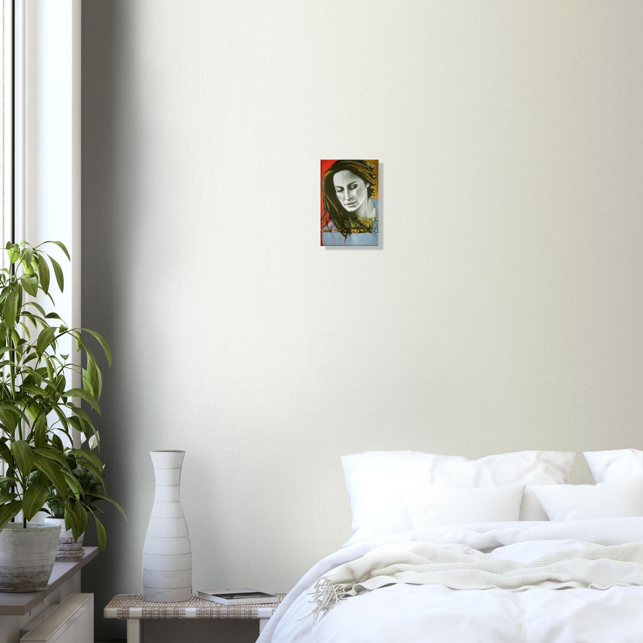 Modern bedroom with white bedding, green potted plant, and small colorful portrait of a woman on beige wall