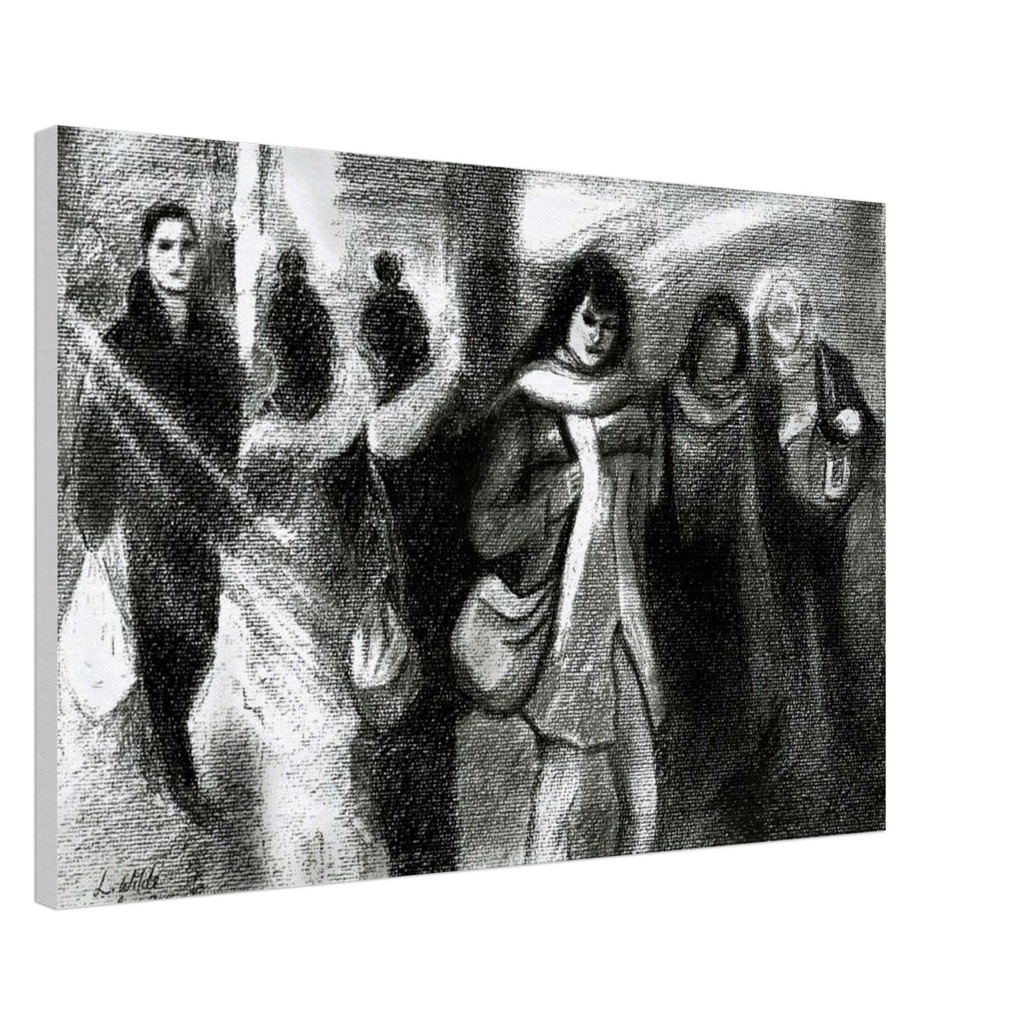 Black and white charcoal drawing of people walking on a city street with bags and coats