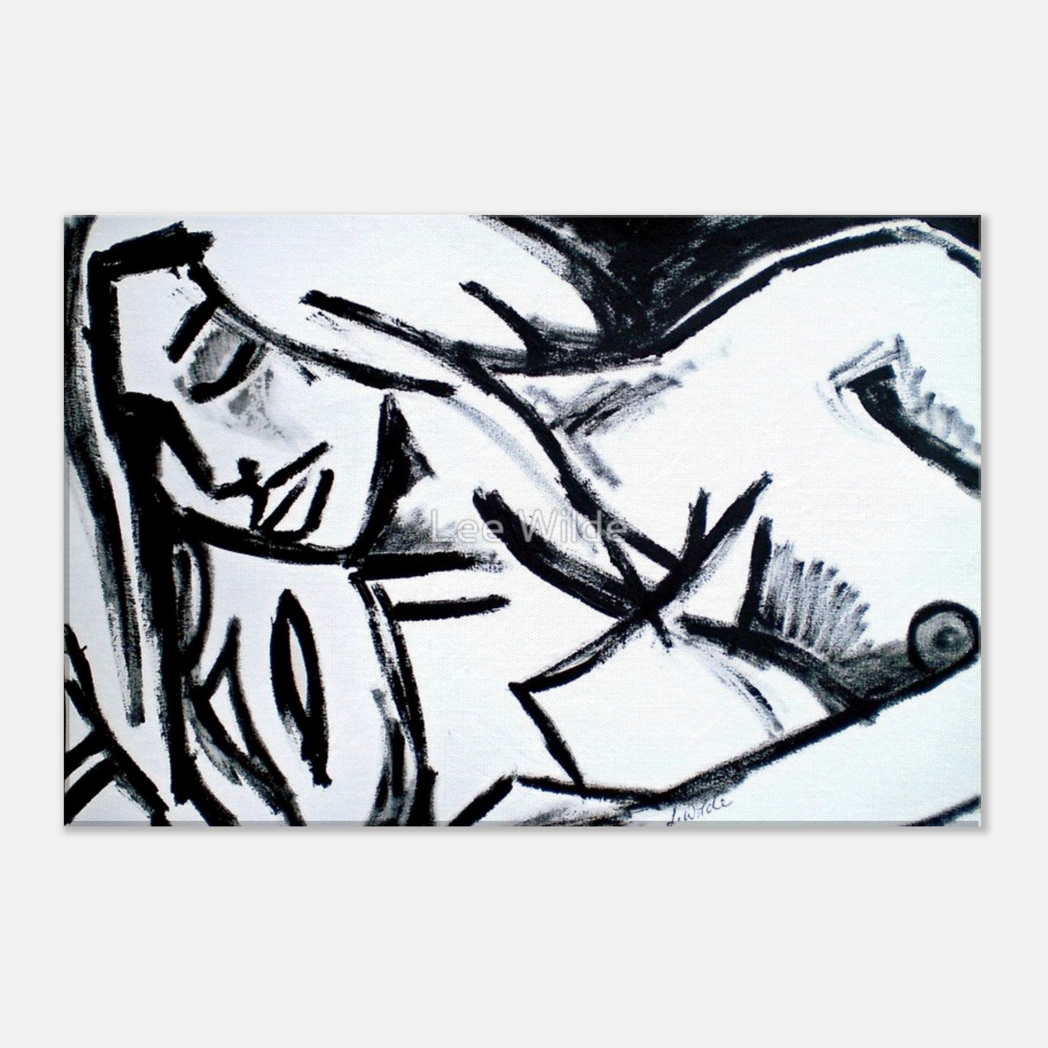 Drybrush drawing Sansara by Lee Wilde, depicting a reclining human figure in bold black strokes on white background, emphasizing movement, abstraction, and emotional intensity.