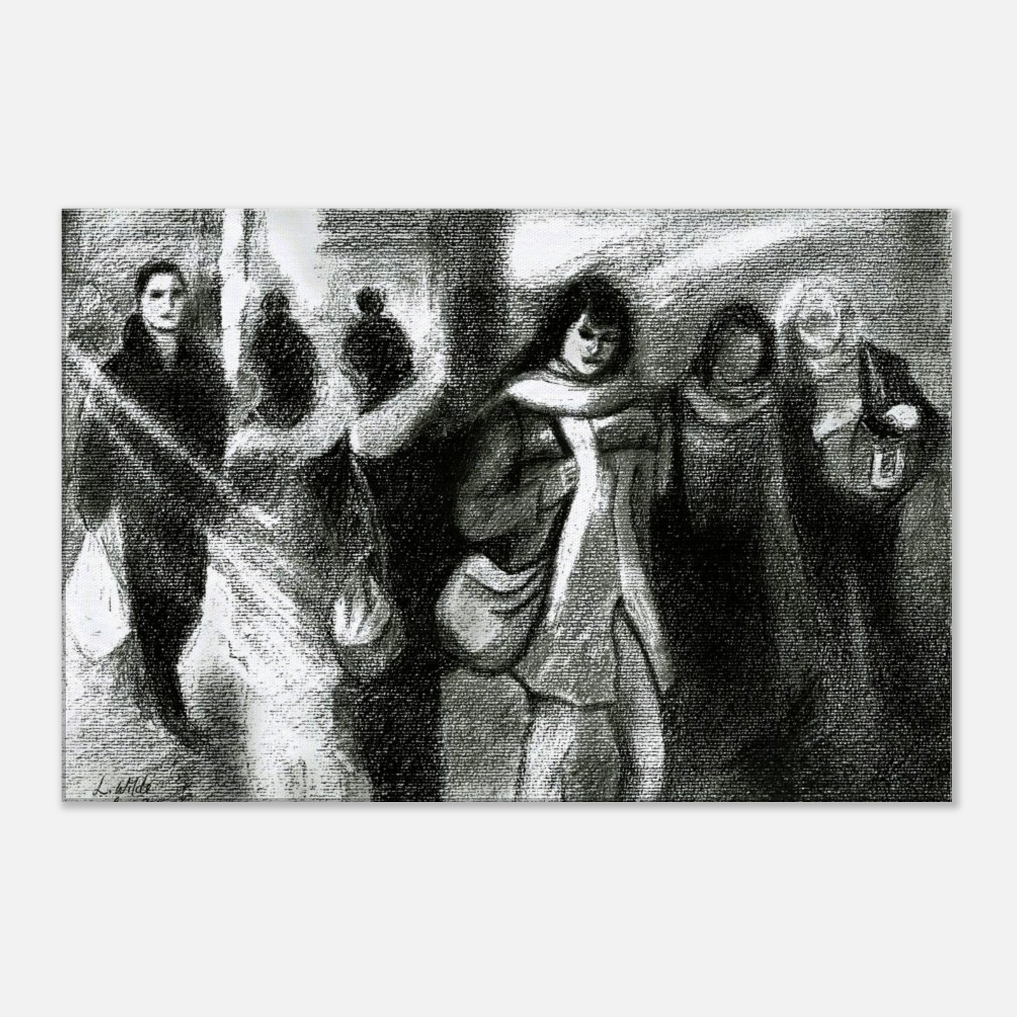 Charcoal sketch of five people walking in winter coats and scarves in an urban setting