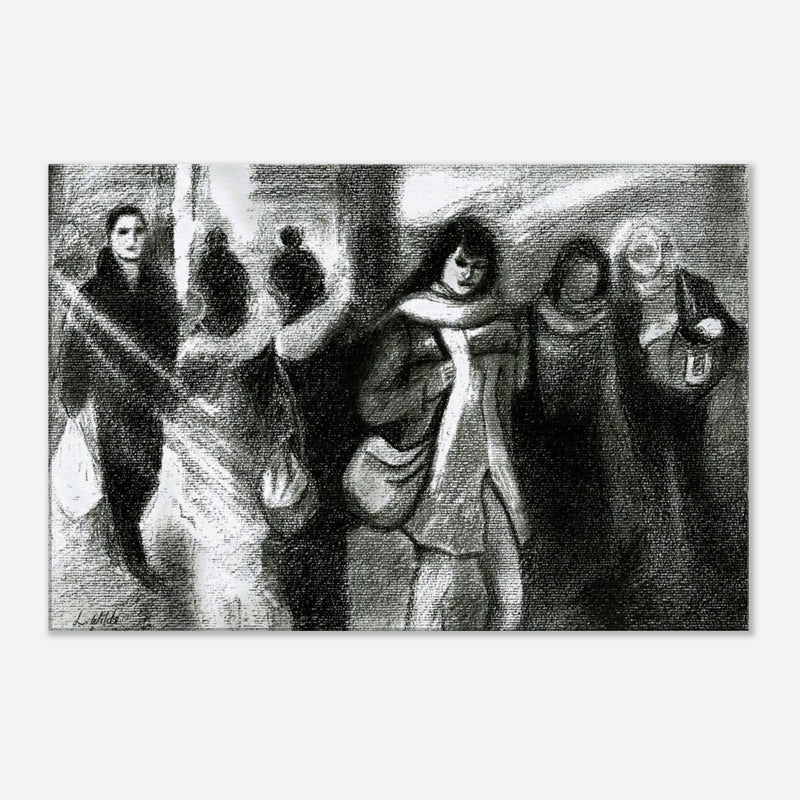 Charcoal sketch of five people walking in winter coats and scarves in an urban setting