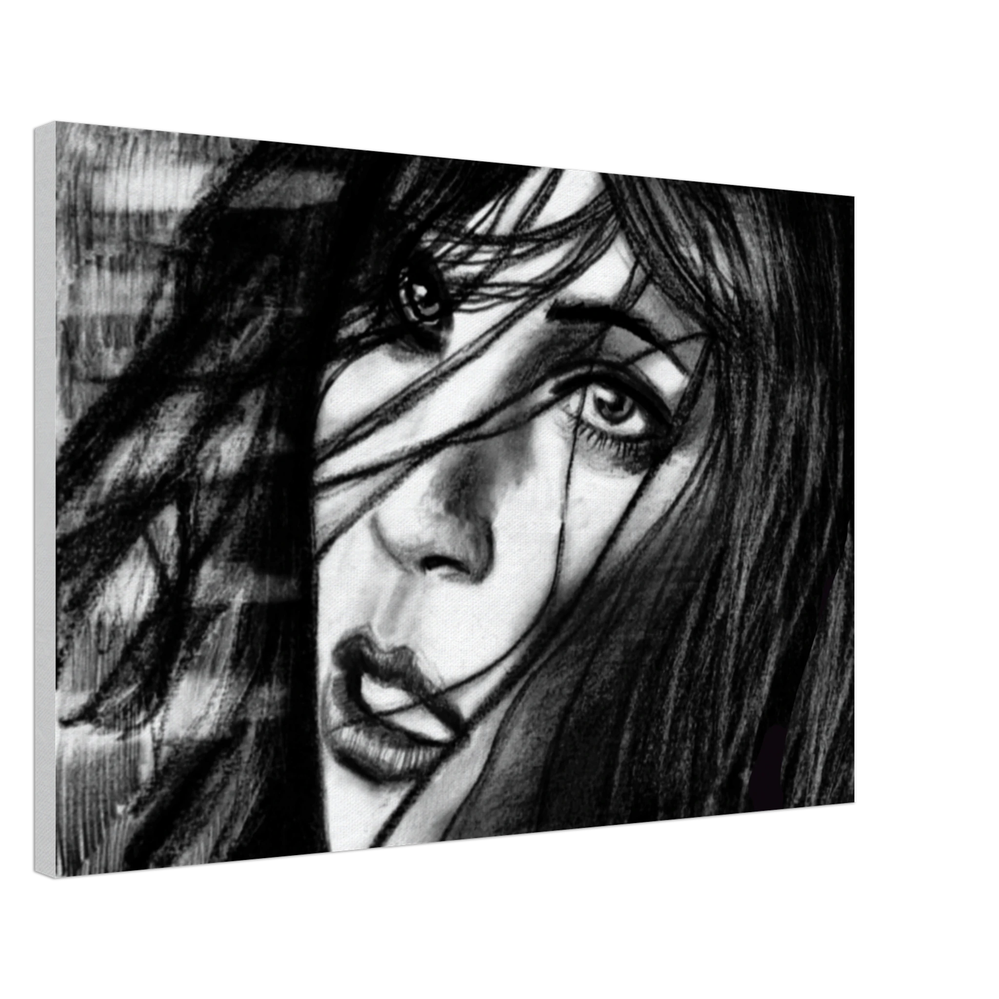 Black and white pencil sketch of a woman's face with flowing hair and expressive eyes