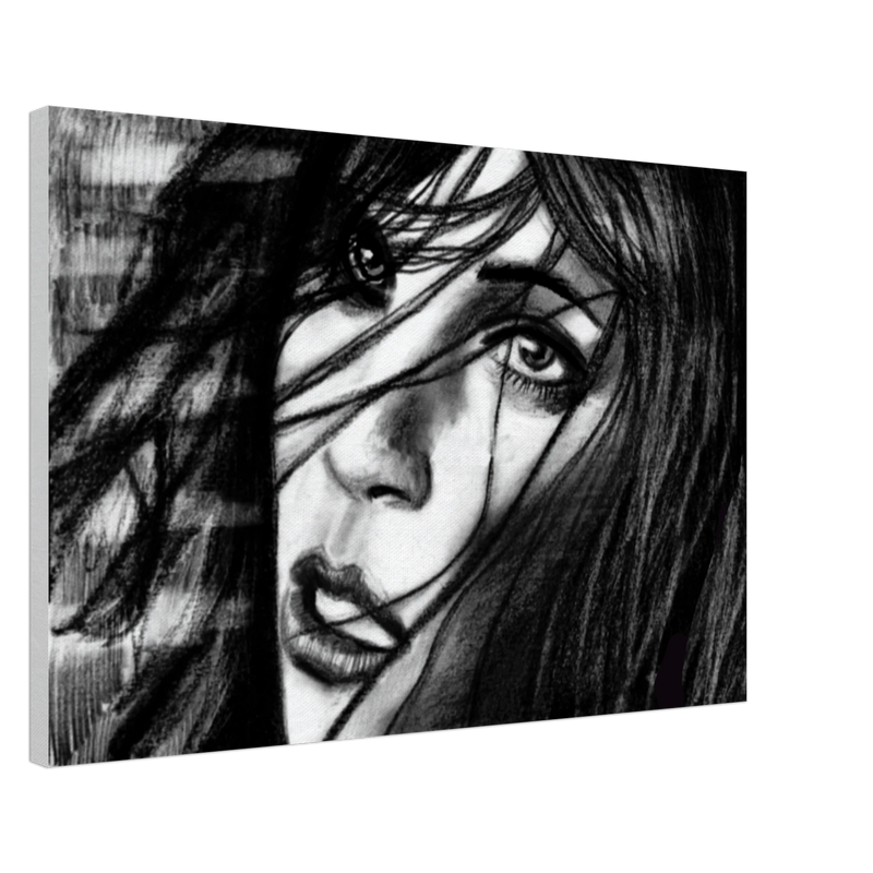 Black and white pencil sketch of a woman's face with flowing hair and expressive eyes