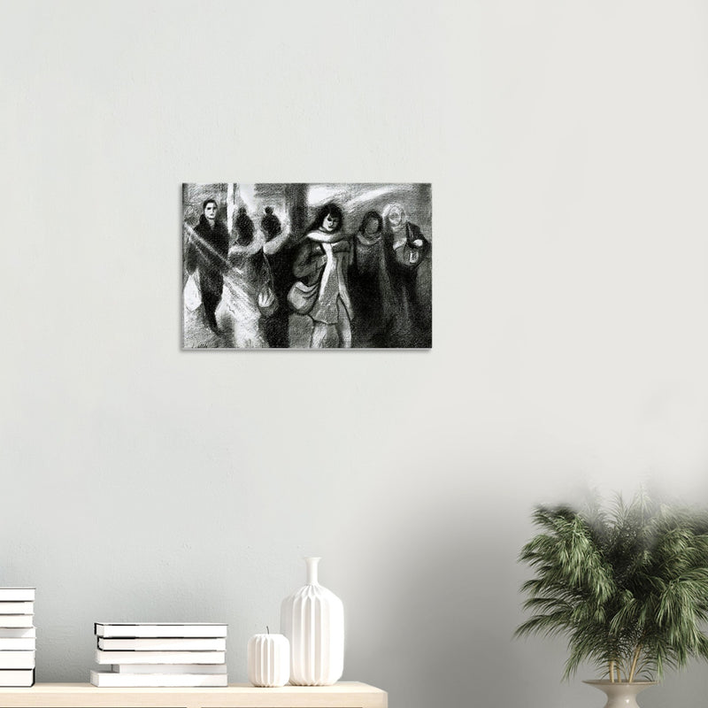 Black and white charcoal artwork of diverse people walking in a busy city street scene