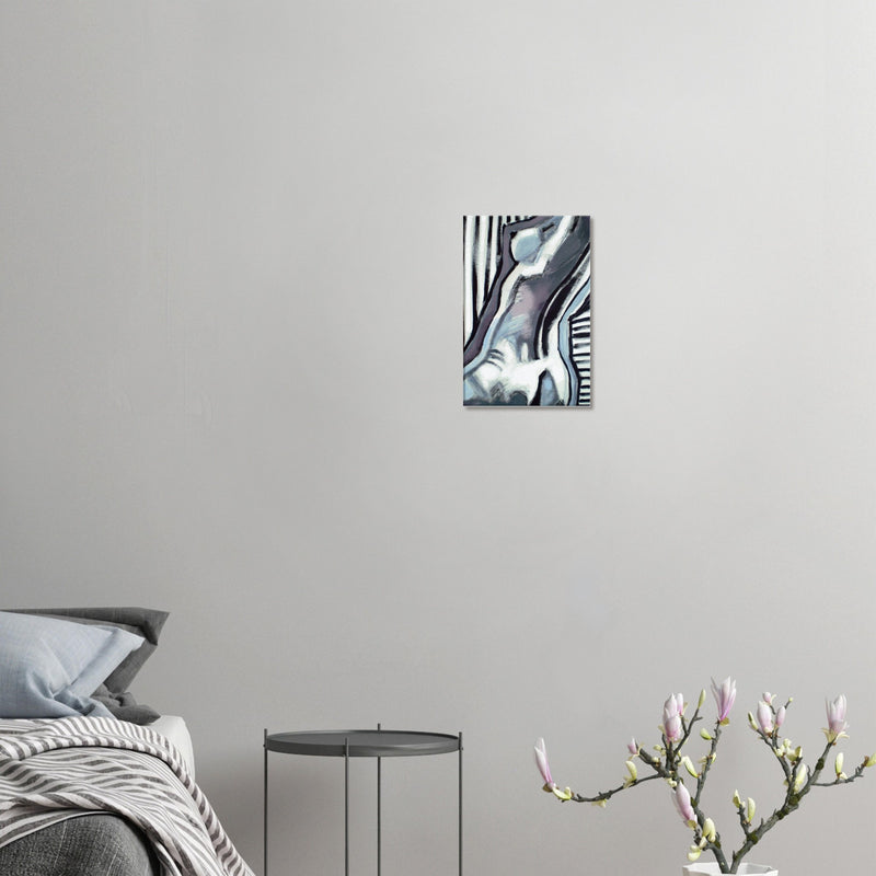 Modern abstract painting of a nude figure on white wall above minimal black side table and bed