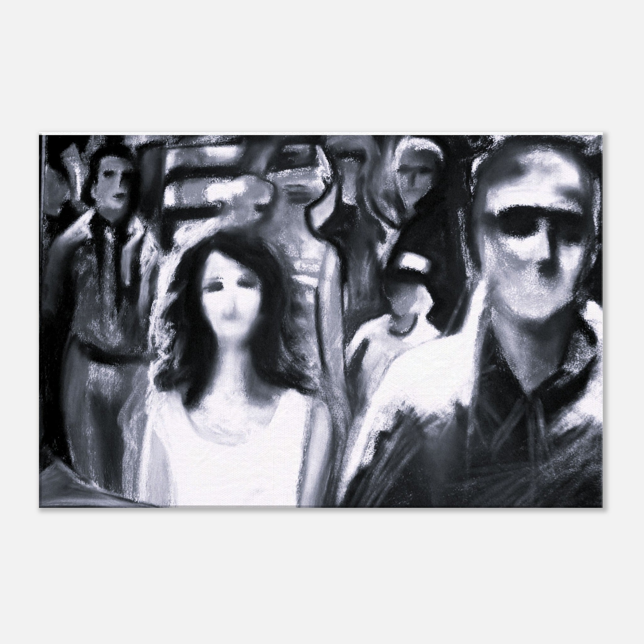 Abstract black and white painting of a group of faceless people with blurred features
