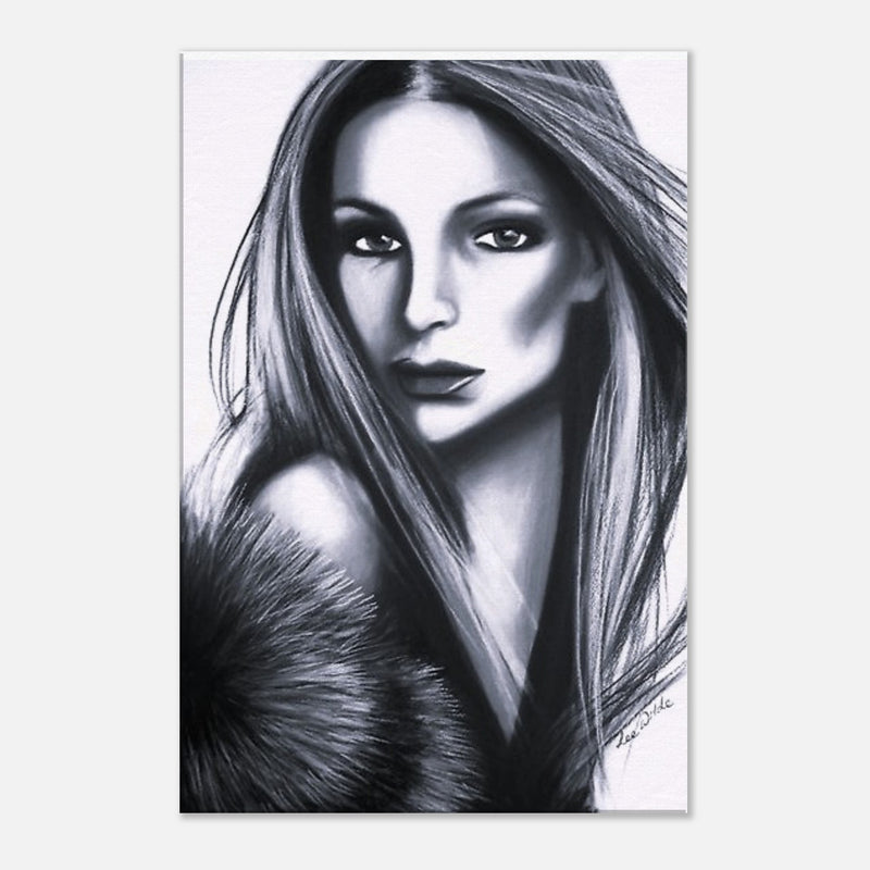 Black and white portrait of a woman with long hair wearing a fur coat, realistic art style