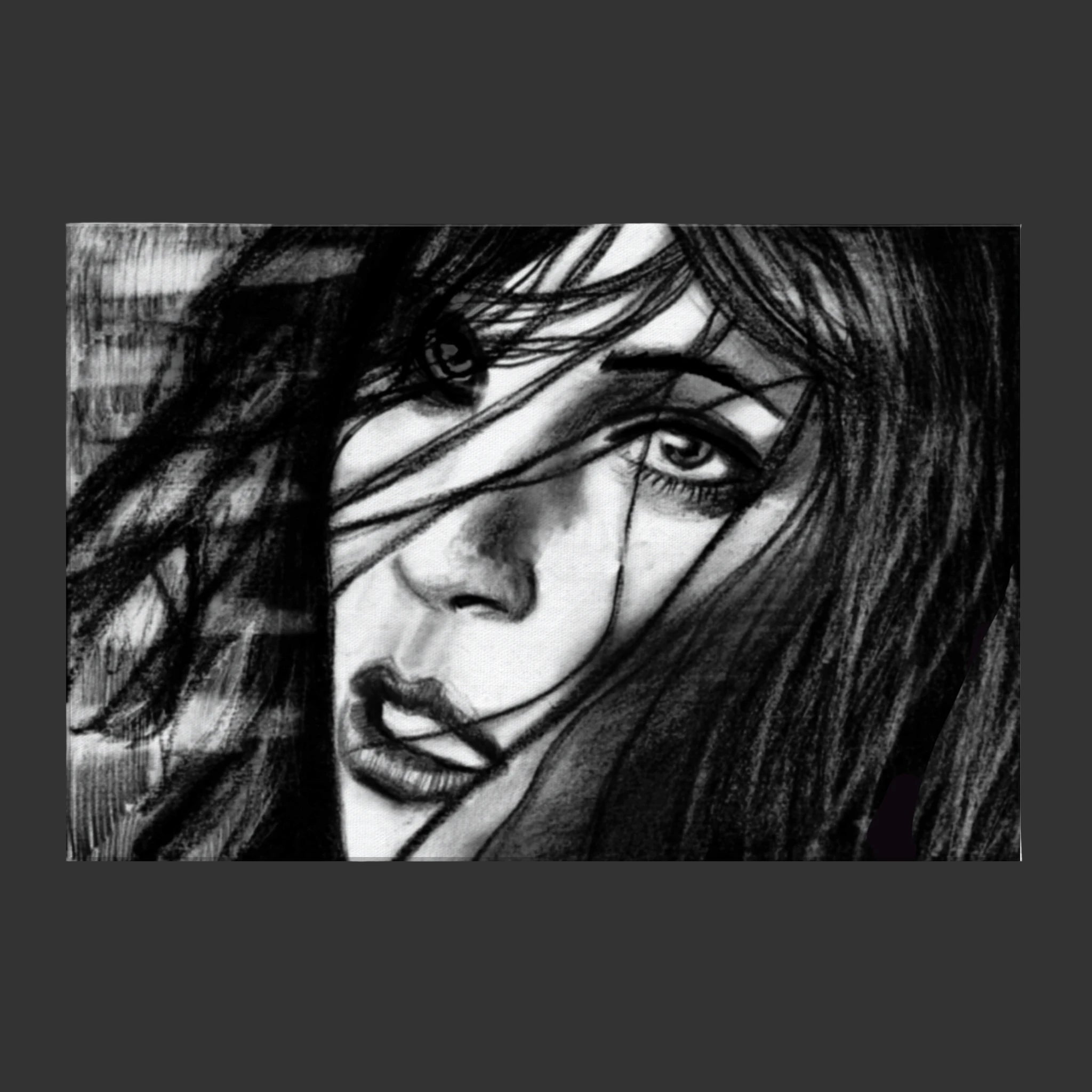 Black and white pencil sketch of a woman's face with flowing hair and intense eyes