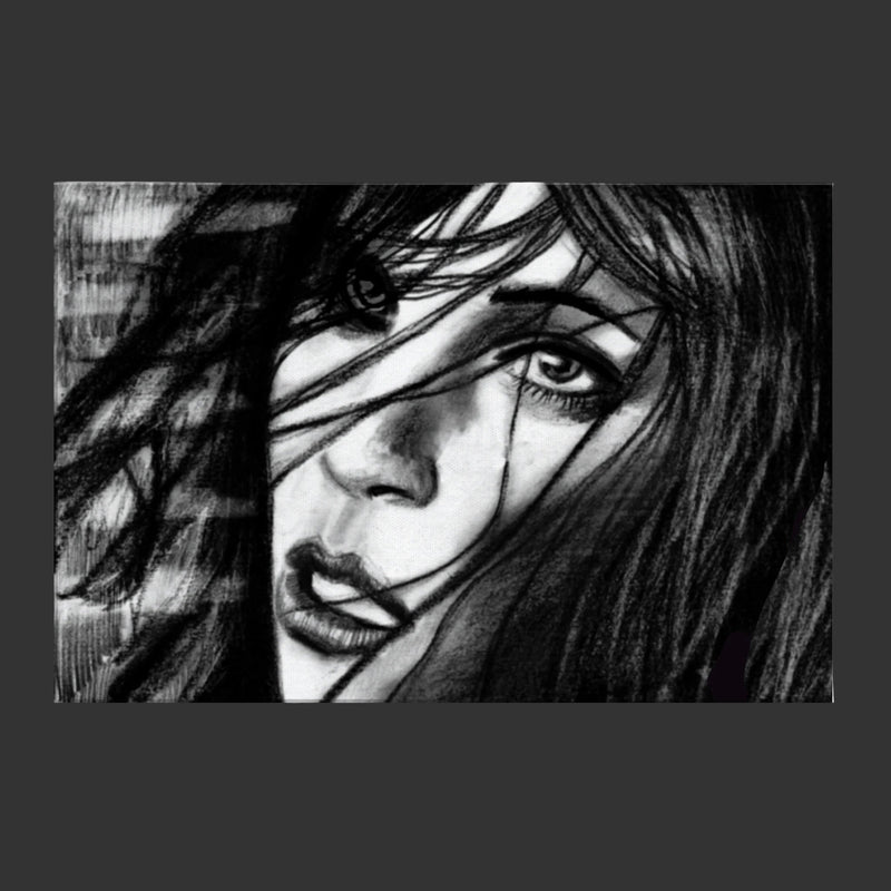 Black and white pencil sketch of a woman's face with flowing hair and intense eyes