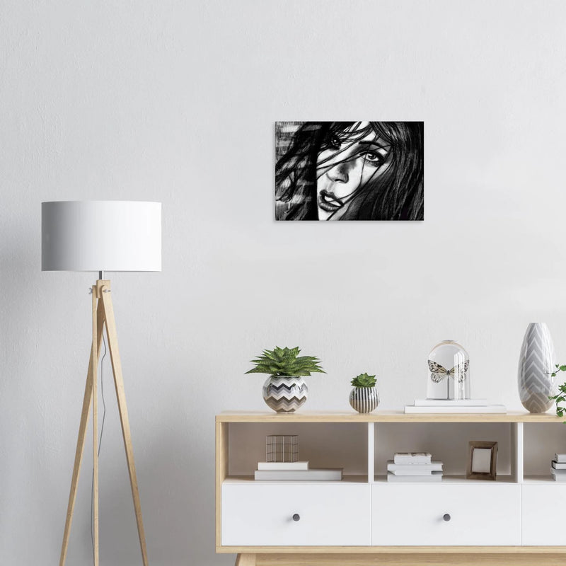 Modern living room with tripod floor lamp, wooden cabinet, green plants, and black-and-white abstract face painting