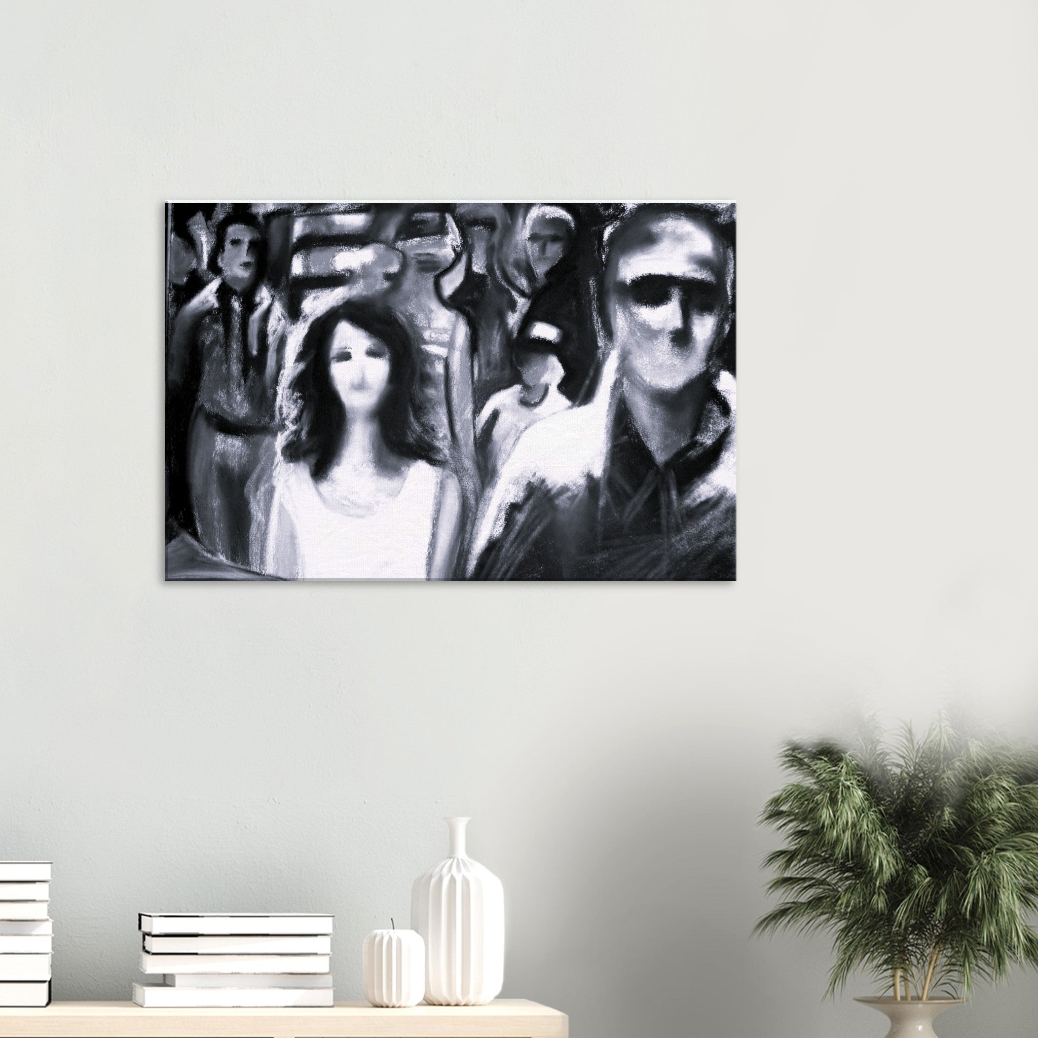 Black and white abstract painting of a crowd featuring blurred faces and figures on a wall