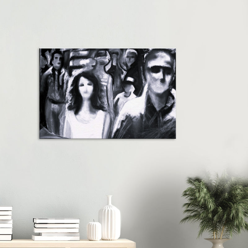 Black and white abstract painting of a crowd featuring blurred faces and figures on a wall