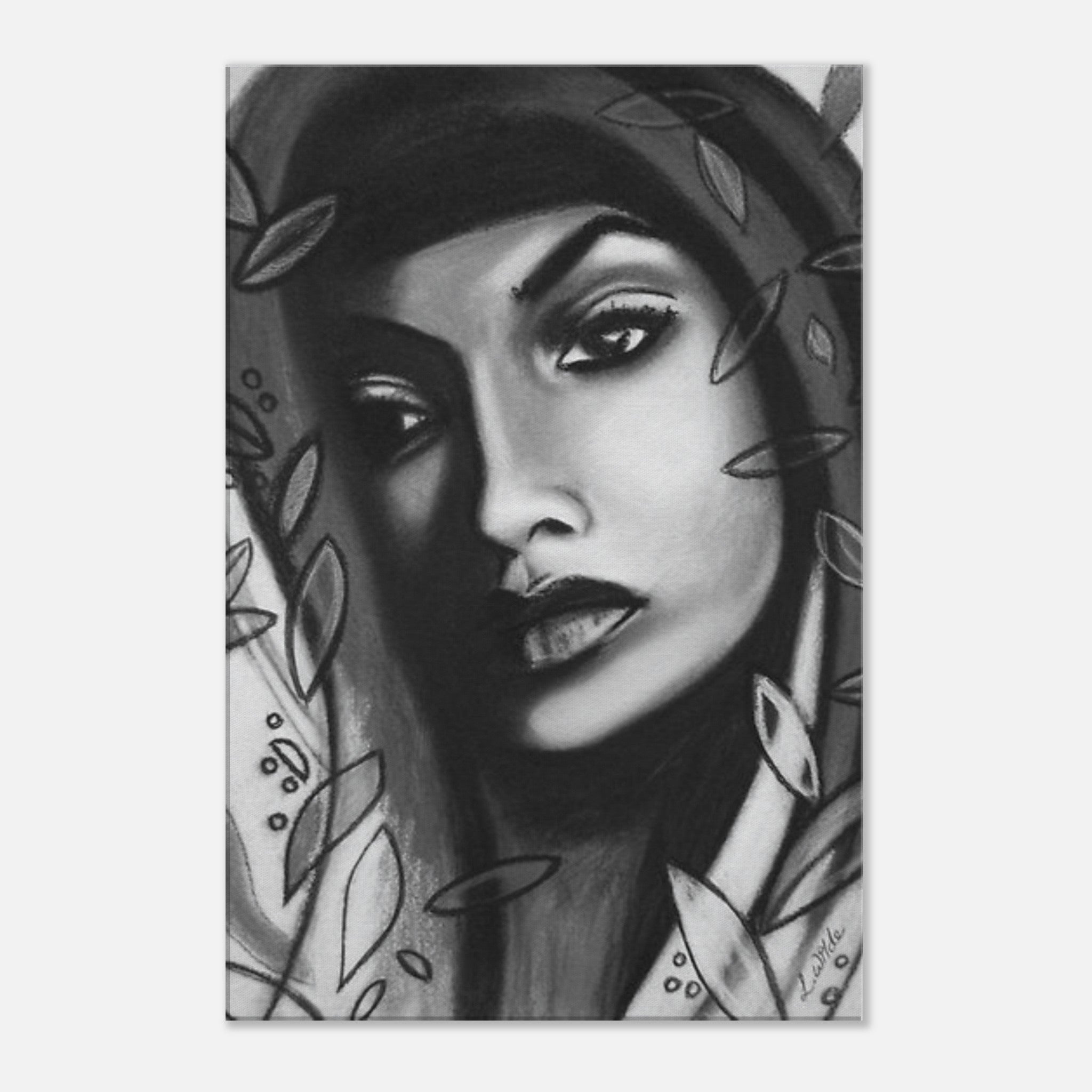 Black and white surreal portrait of a woman surrounded by abstract leaves and shapes