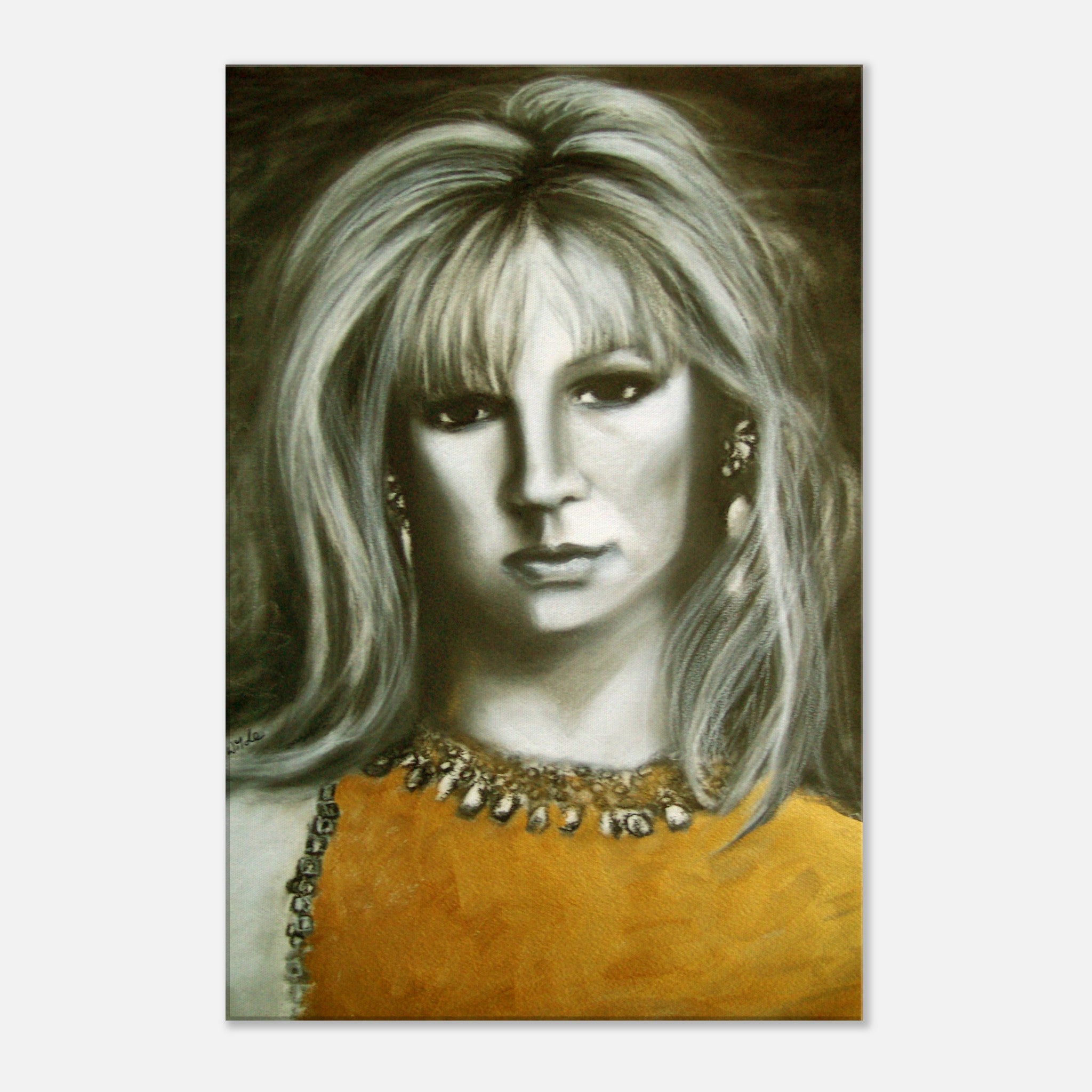 Black and white portrait of a woman with blonde hair, wearing a yellow dress and ornate necklace