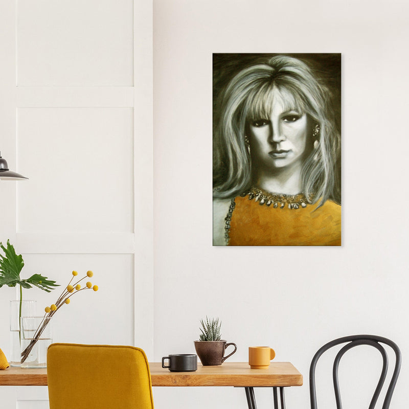 Black and white portrait painting of woman with blonde hair and yellow top, modern dining room decor